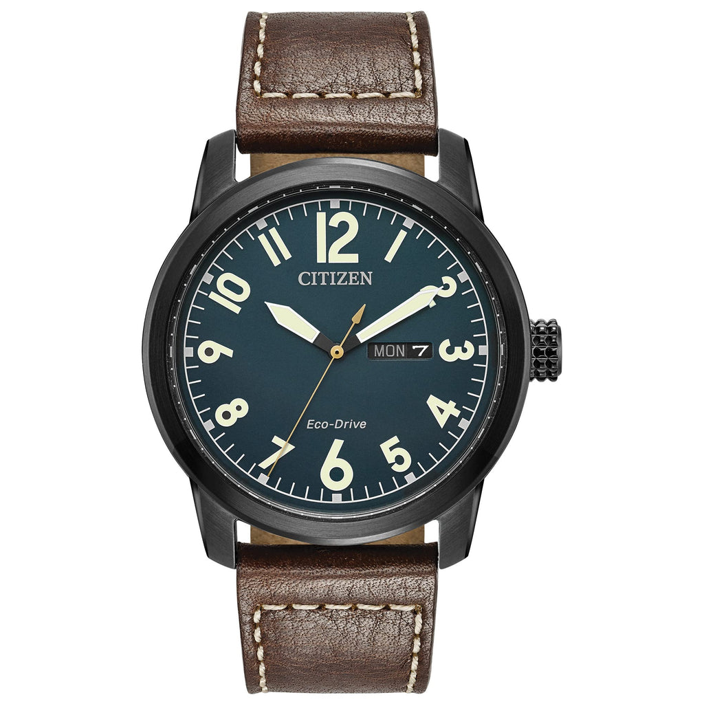 Citizen Men's Eco-Drive Weekender Garrison Field Watch in Black IP Stainless Steel with Brown Leather strap, Navy Dial (Model: B
