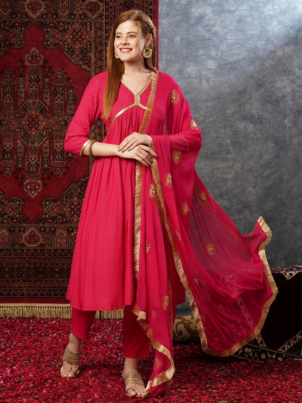 ANNI DESIGNER Ladies Cotton Blend Kurta Trousers with Dupatta Set, pink, M