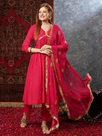 ANNI DESIGNER Ladies Cotton Blend Kurta Trousers with Dupatta Set, pink, M