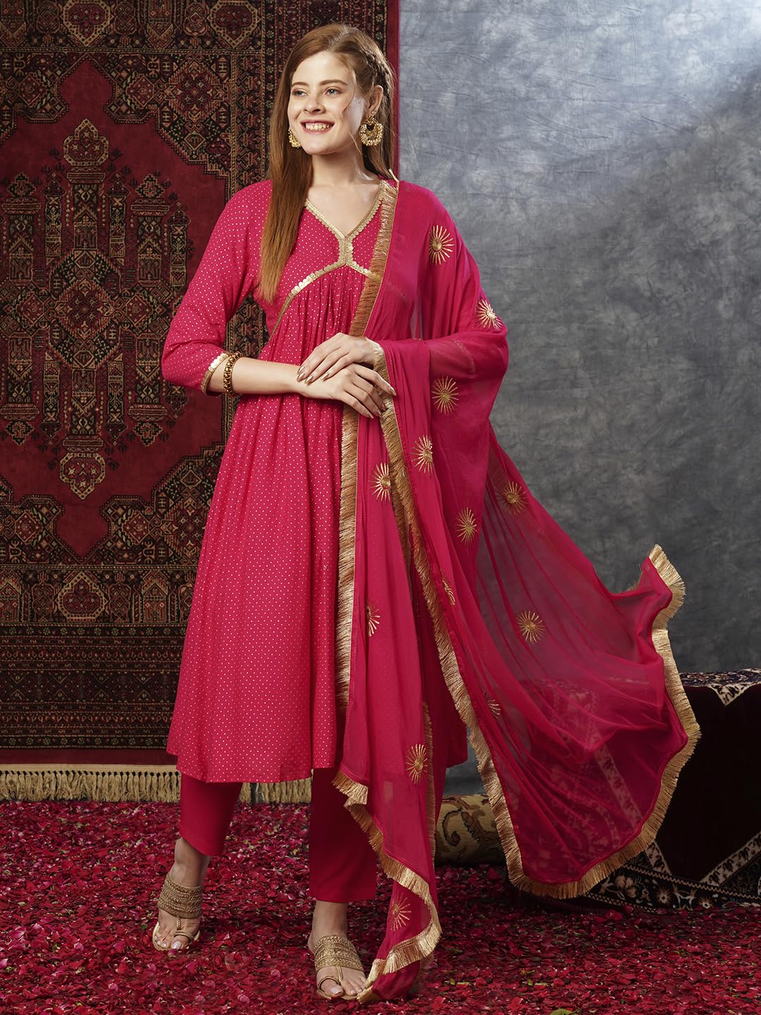 ANNI DESIGNER Ladies Cotton Blend Kurta Trousers with Dupatta Set, pink, M