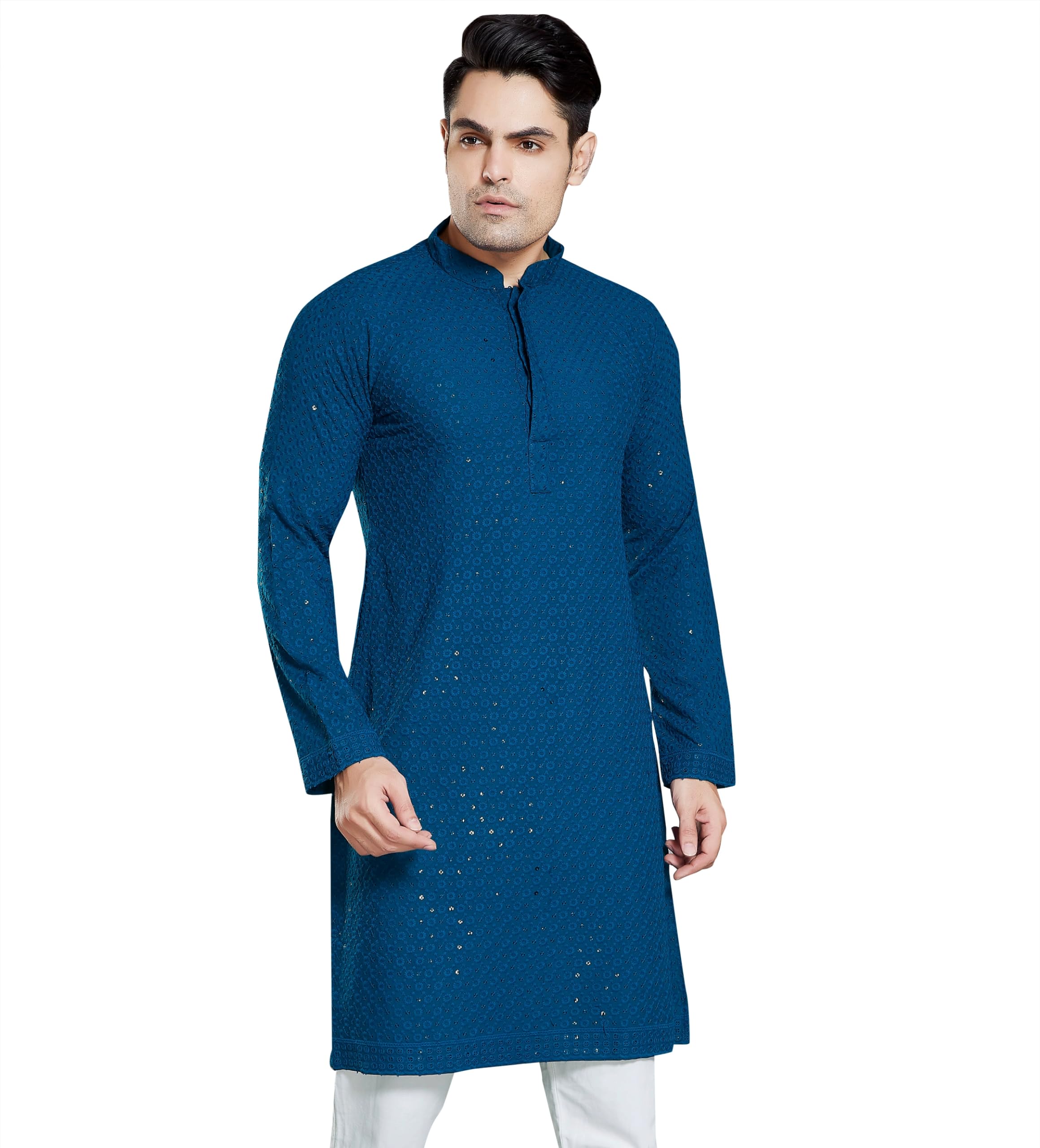 DIVISIVE Mens Sequince Embroidered Cotton Blend Only Slim Fit Kurta (DKRT17_XL_Teal)