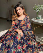 ANNI DESIGNER Womens Georgette Anarkali Printed Kurta with Pant & Dupatta (Atasi Blue_M_Dark Blue_Medium)