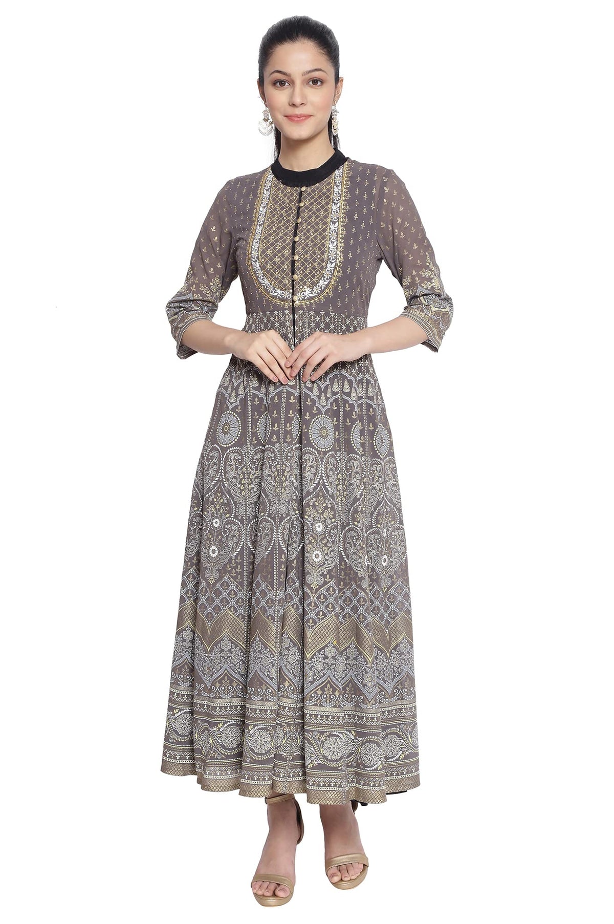 Aurelia WomenS Polyester Grey Printed Ethnic Dress With Inner Below The Knee (21Aud10362-501952 S)