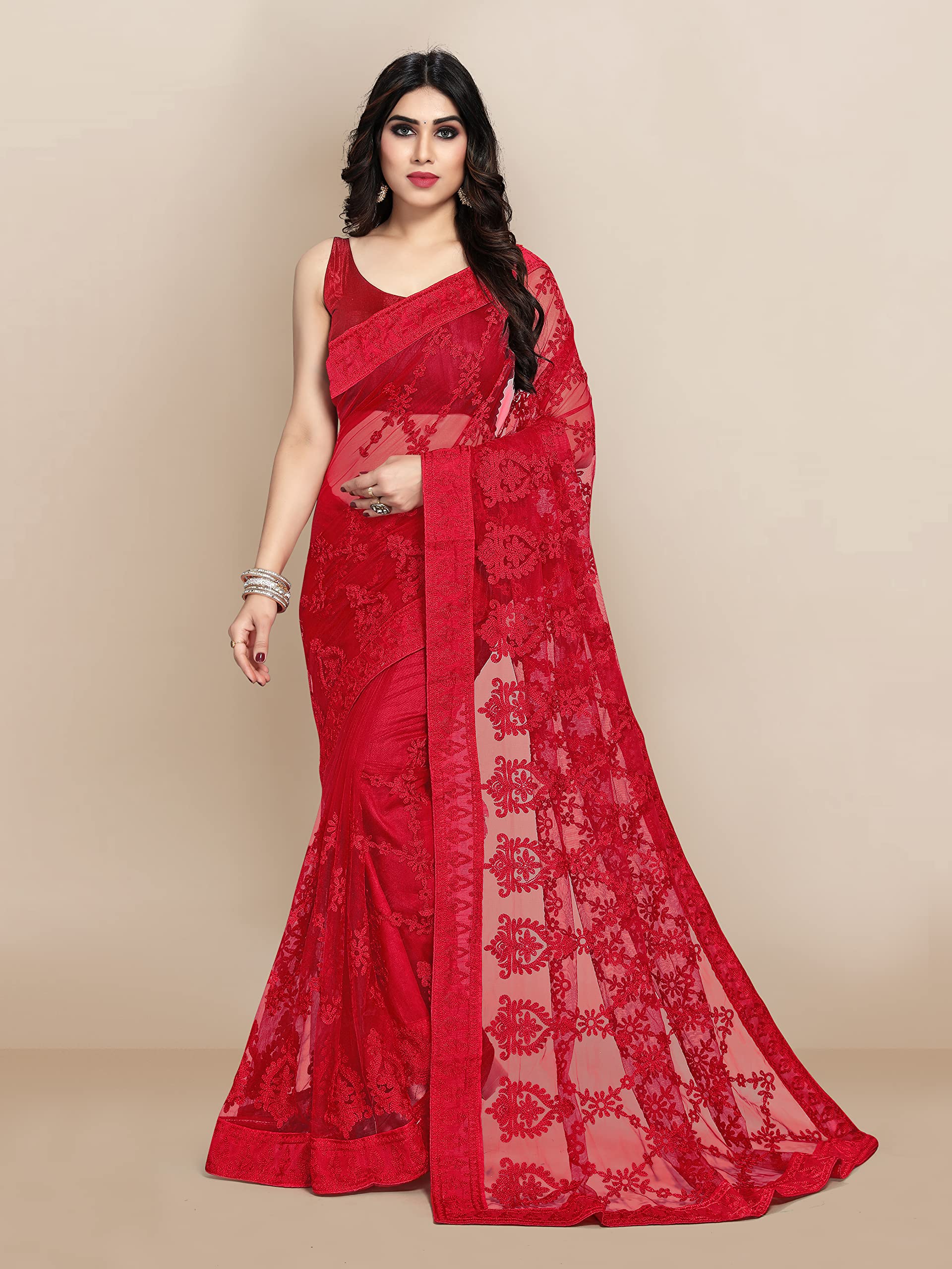 Ekasya WomenS Net Embroidered Floral Embroidered Saree And Unstitched Blouse Piece | Sari For Wedding | Festive Sarees For Wome