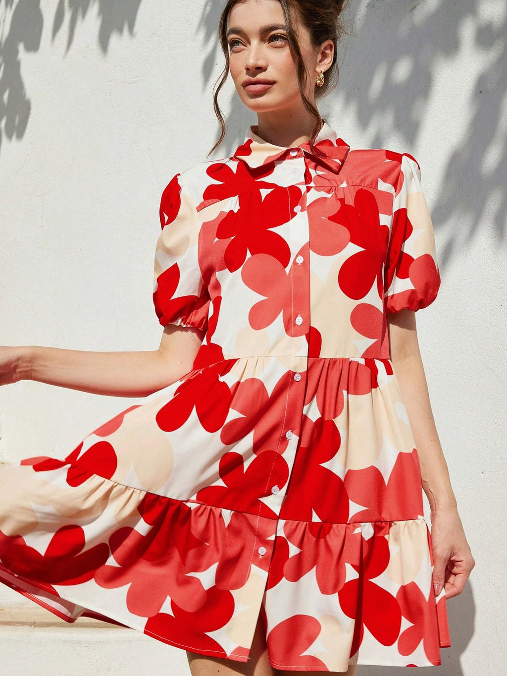 Shasmi WomenS Red Flower Print Short Sleeve Button Front All-Over Printed Dresses, Ruffle Hem Smock Dress For Woman (161 Dress
