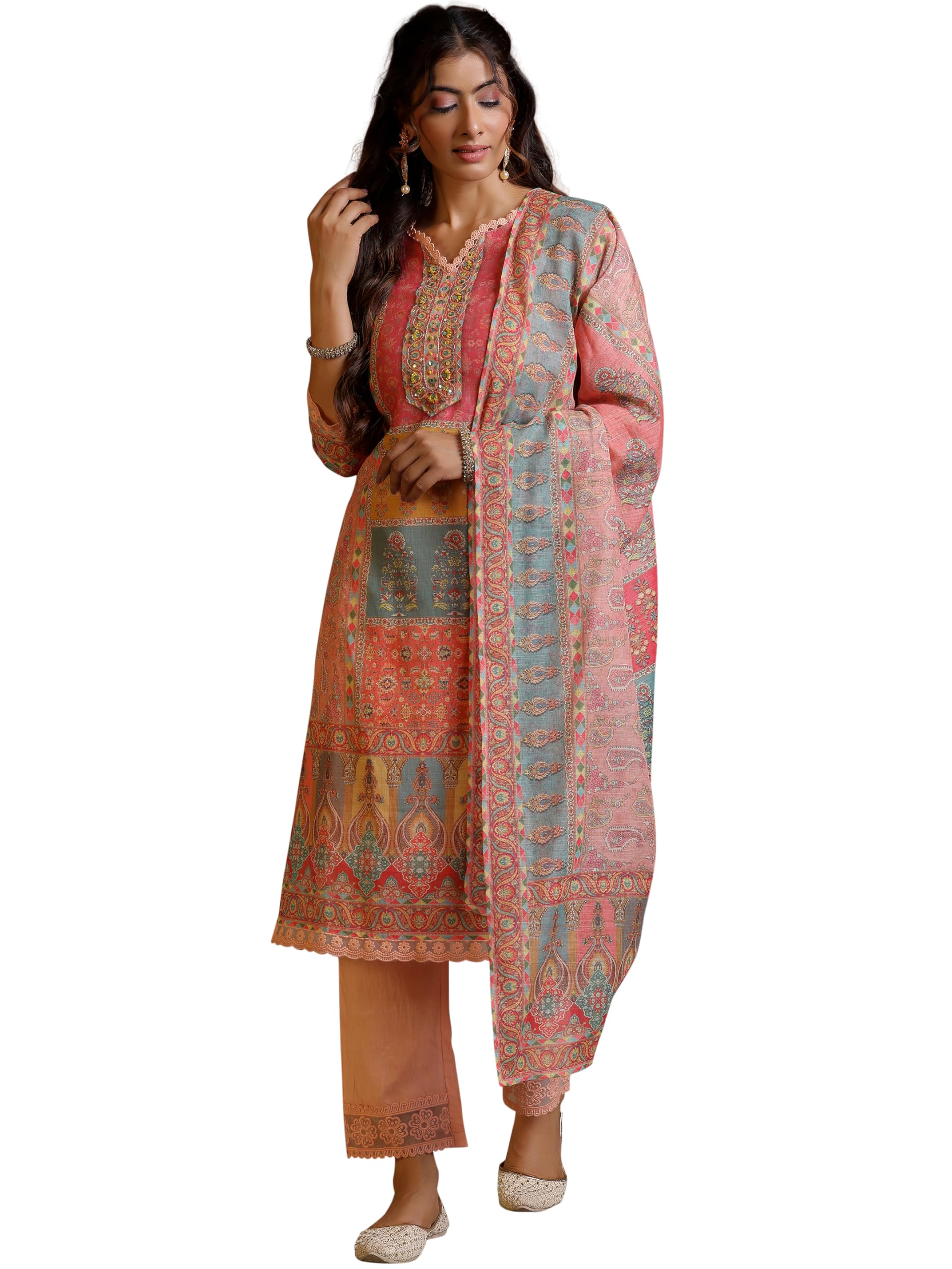 Libas Womens Printed Linen Straight Kurta With Palazzos And Dupatta