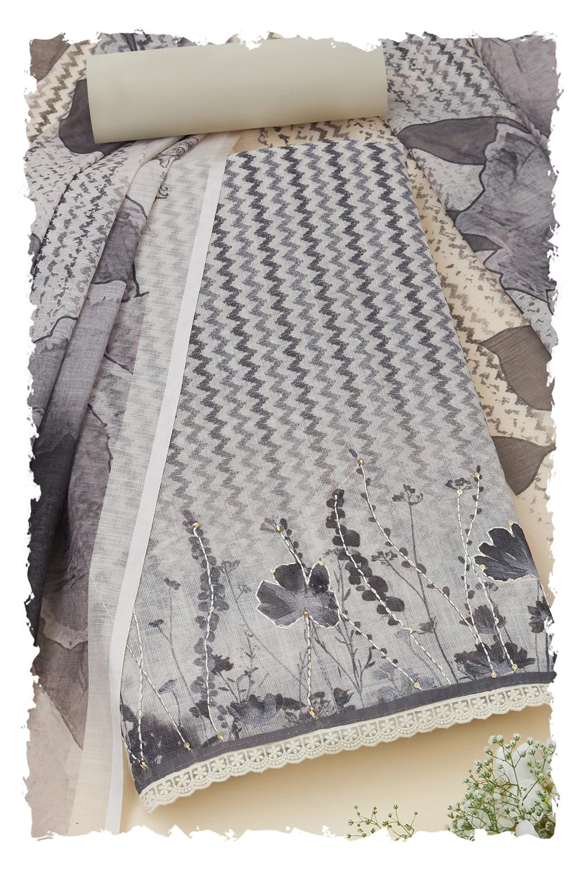 Soch Women Linen Chevron Unstitched Dress Material with Thread Work