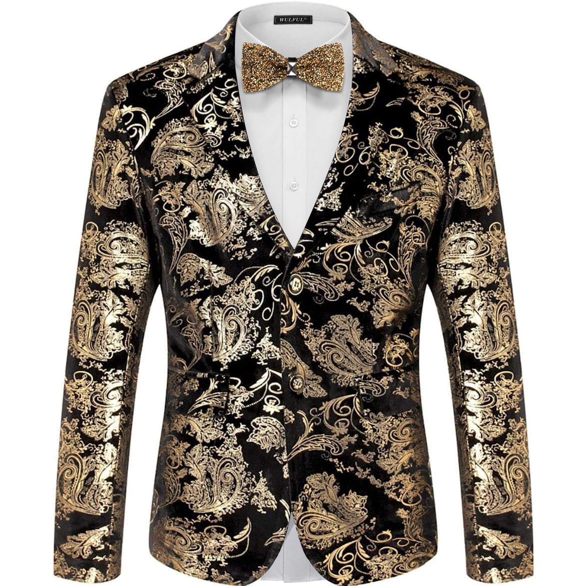 WULFUL Mens Blazer Floral Suit Jacket Slim Fit Stylish Blazer for Men Dinner Party Prom Wedding Tuxedo Jacket Gold