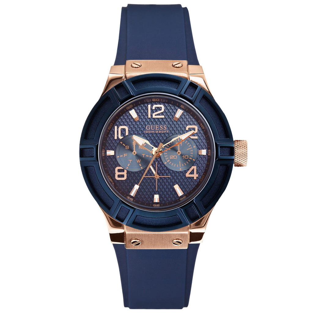 GUESS Women's Rose Gold-Tone Dial with Iconic Blue Stain Resistant Silicone Strap (Model: U0571L1)