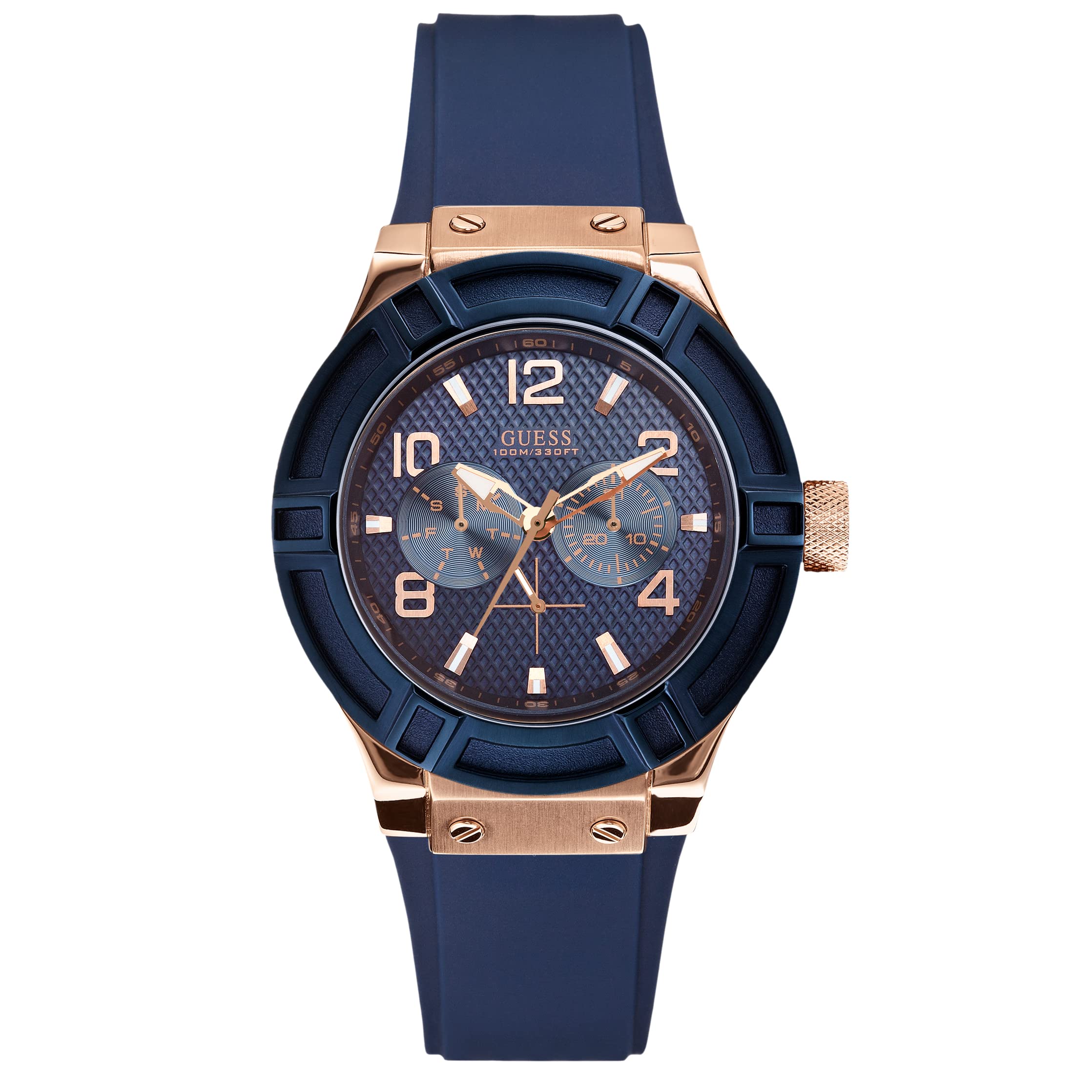GUESS Women's Rose Gold-Tone Dial with Iconic Blue Stain Resistant Silicone Strap (Model: U0571L1)