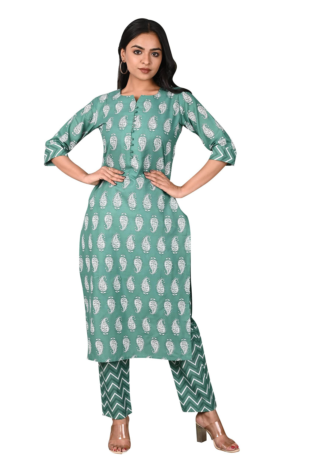 Gosriki Women'S Cotton Blend Straight Printed Kurta With Pant (Jugni Green_Xxl-Go_Green_Xx-Large)