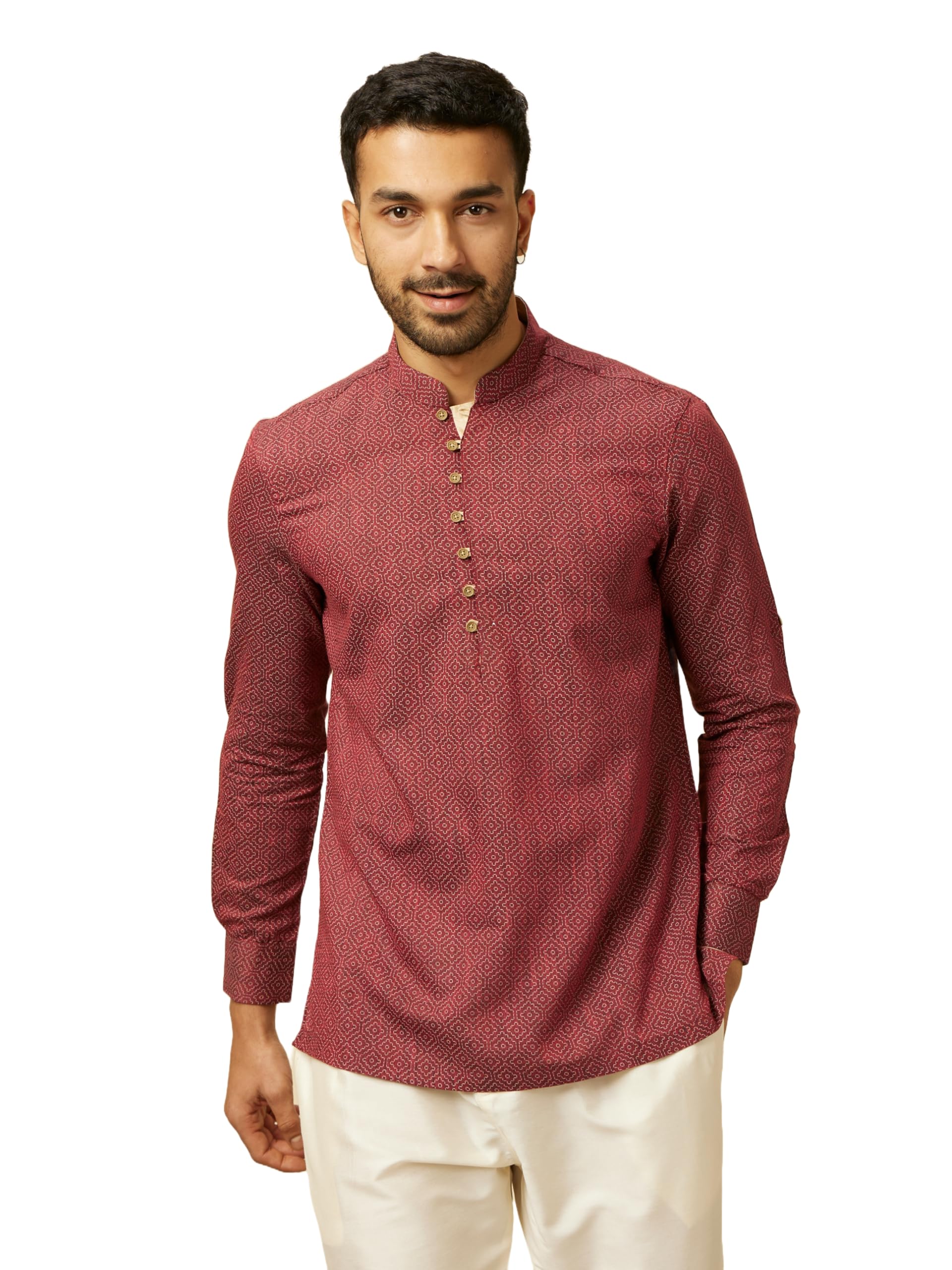 Manyavar MenS Short Kurta, Mandarin Collar Full Sleeves Ethnic Waist Length Kurta, Blended Viscose Printed Kurta For Festival, 