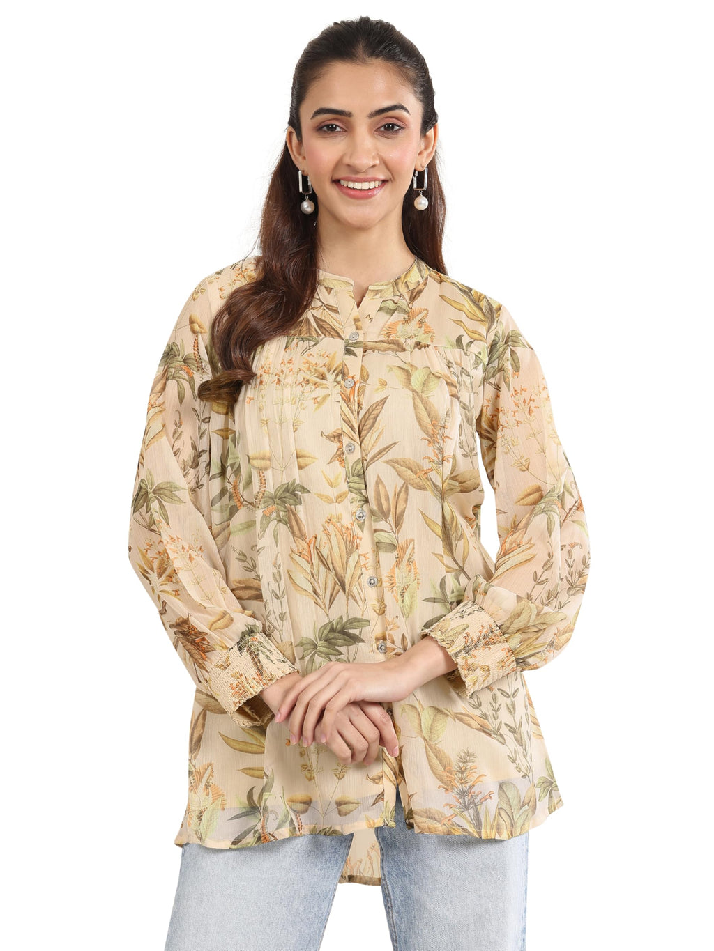 Libas WomenS Chiffon Floral Printed Straight Kurti (98023O_Beige_M)