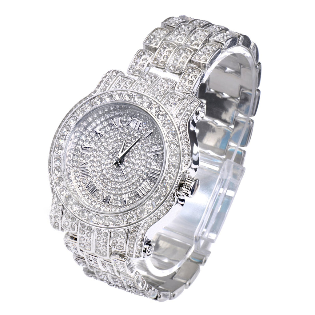 Techno Pave Mens 45mm Iced Diamond Roman Dial Watch - Silver Tone Finish