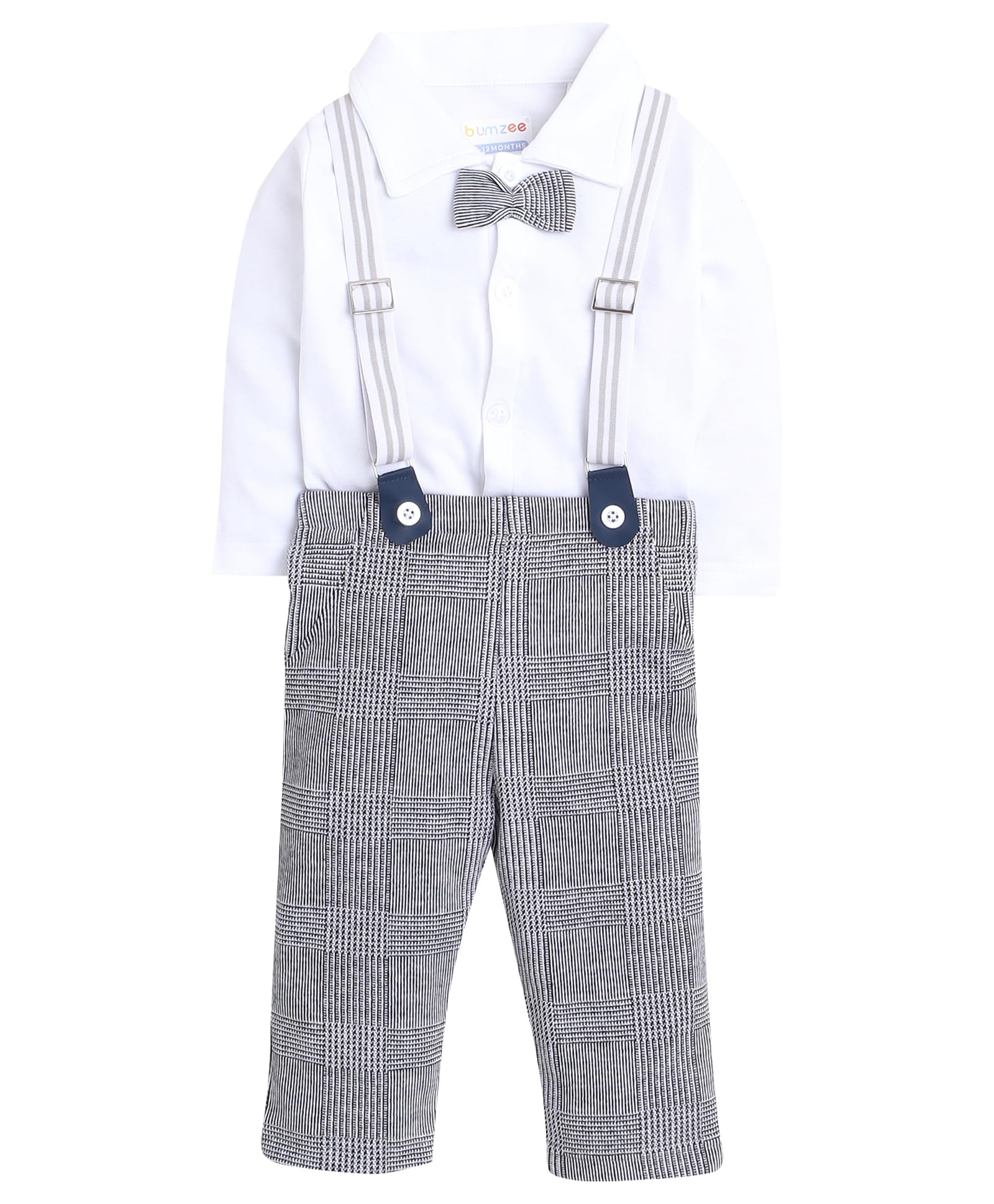 BUMZEE Dark Grey & White Boys Full Sleeves Shirt Pant Set With Suspender & Cap Age - 2-3 Years (Peb8584F-gry.wht)