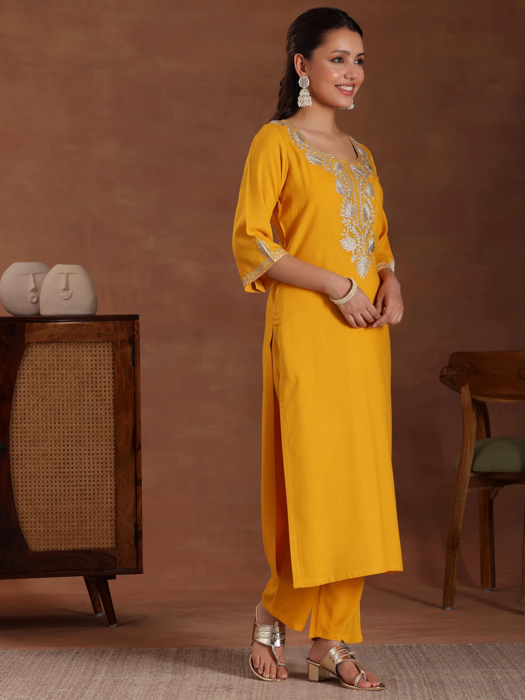 Libas Womens Yoke Design Viscose Straight Kurta With Trousers And Dupatta