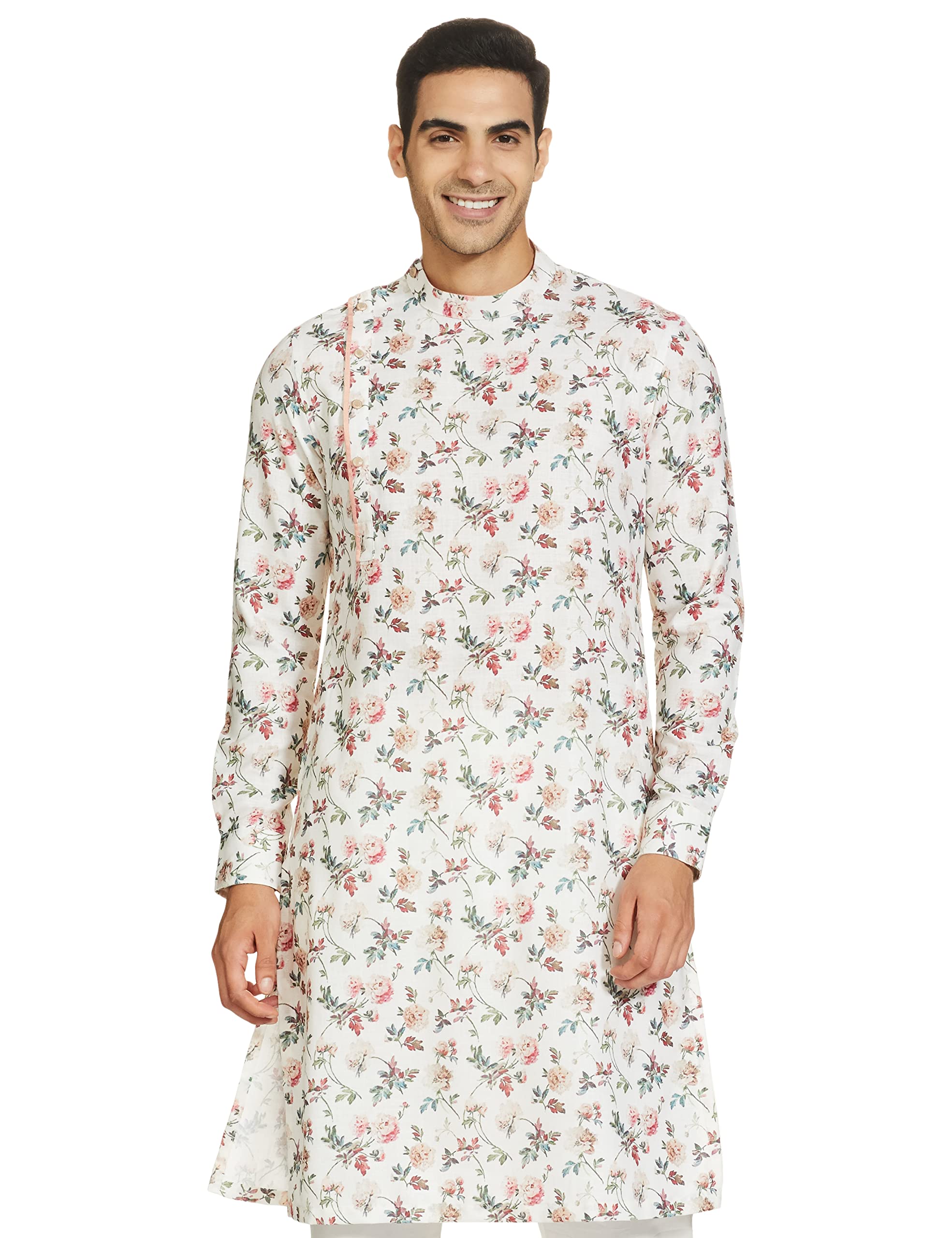 Manyavar Floral Print Full Sleeves Side Opening Casual Wear Kurta For Men - (Cream, Medium)