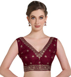 Pujia Mills WomenS Indian Ethnic Wear Designer Golden Zari With Embroidery Sequence Work V Neck Sleeveless Readymadeback Side W
