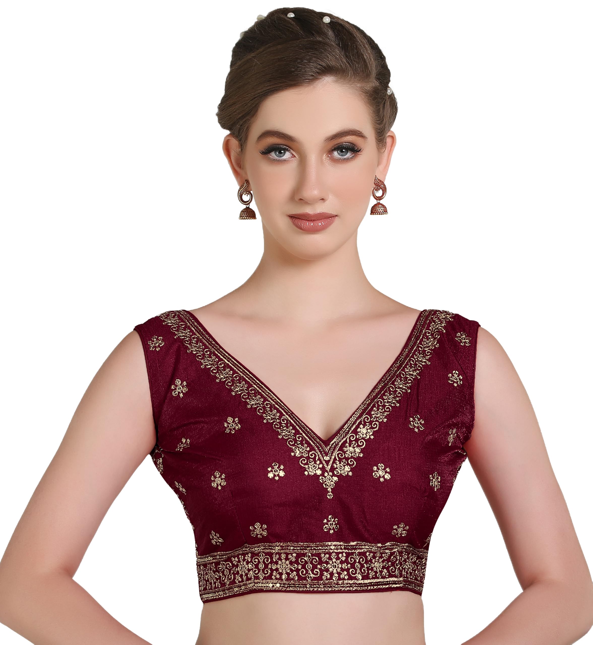 Pujia Mills WomenS Indian Ethnic Wear Designer Golden Zari With Embroidery Sequence Work V Neck Sleeveless Readymadeback Side W