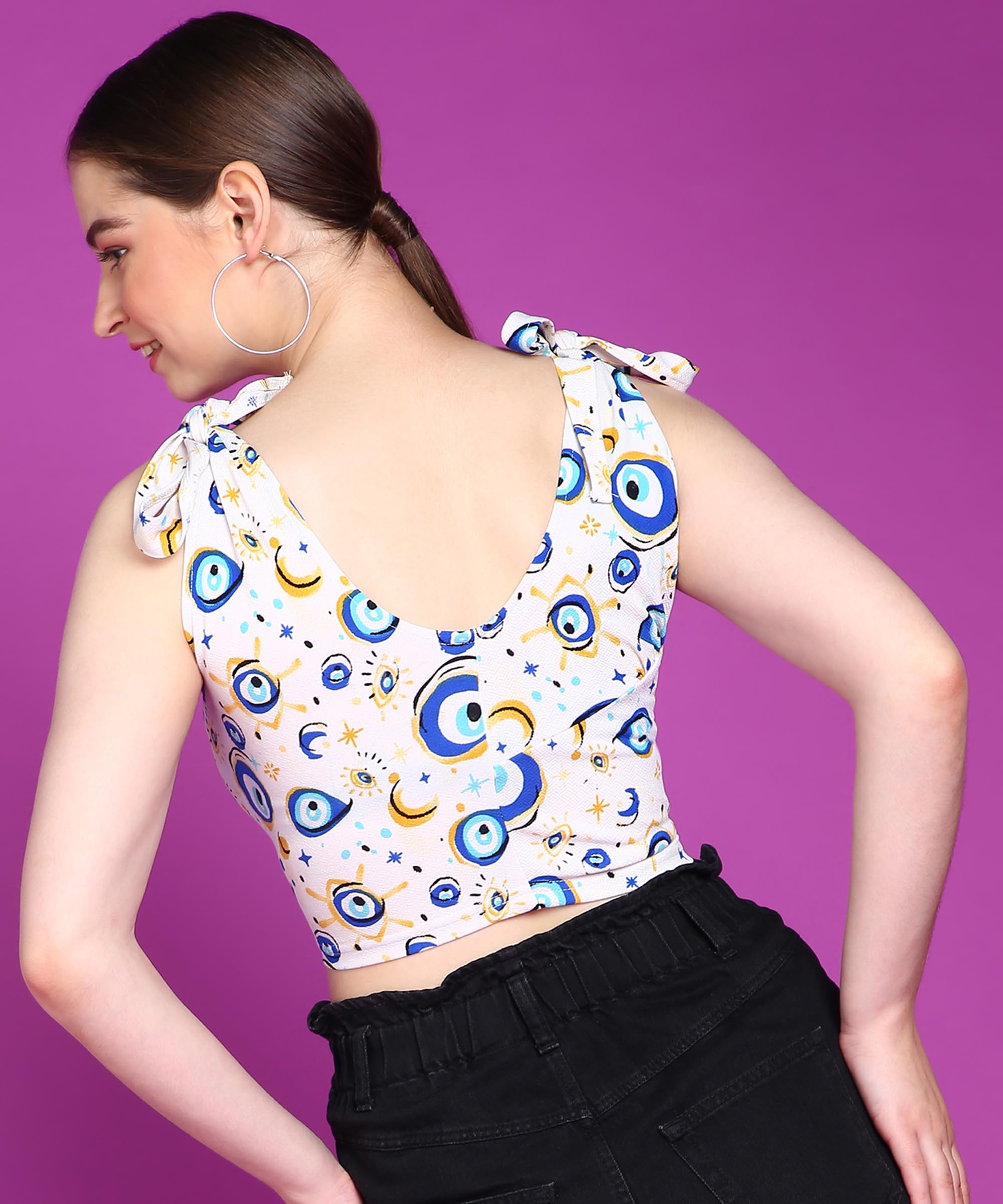 POPWINGS Women Casual White Eye Printed Sleeveless Self Design Strap Knot Crop Top