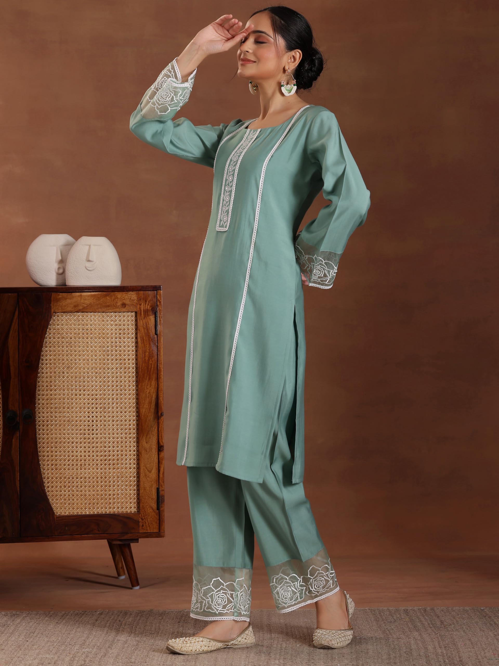 Libas Womens Self Design Silk Blend Straight Kurta With Palazzos And Dupatta