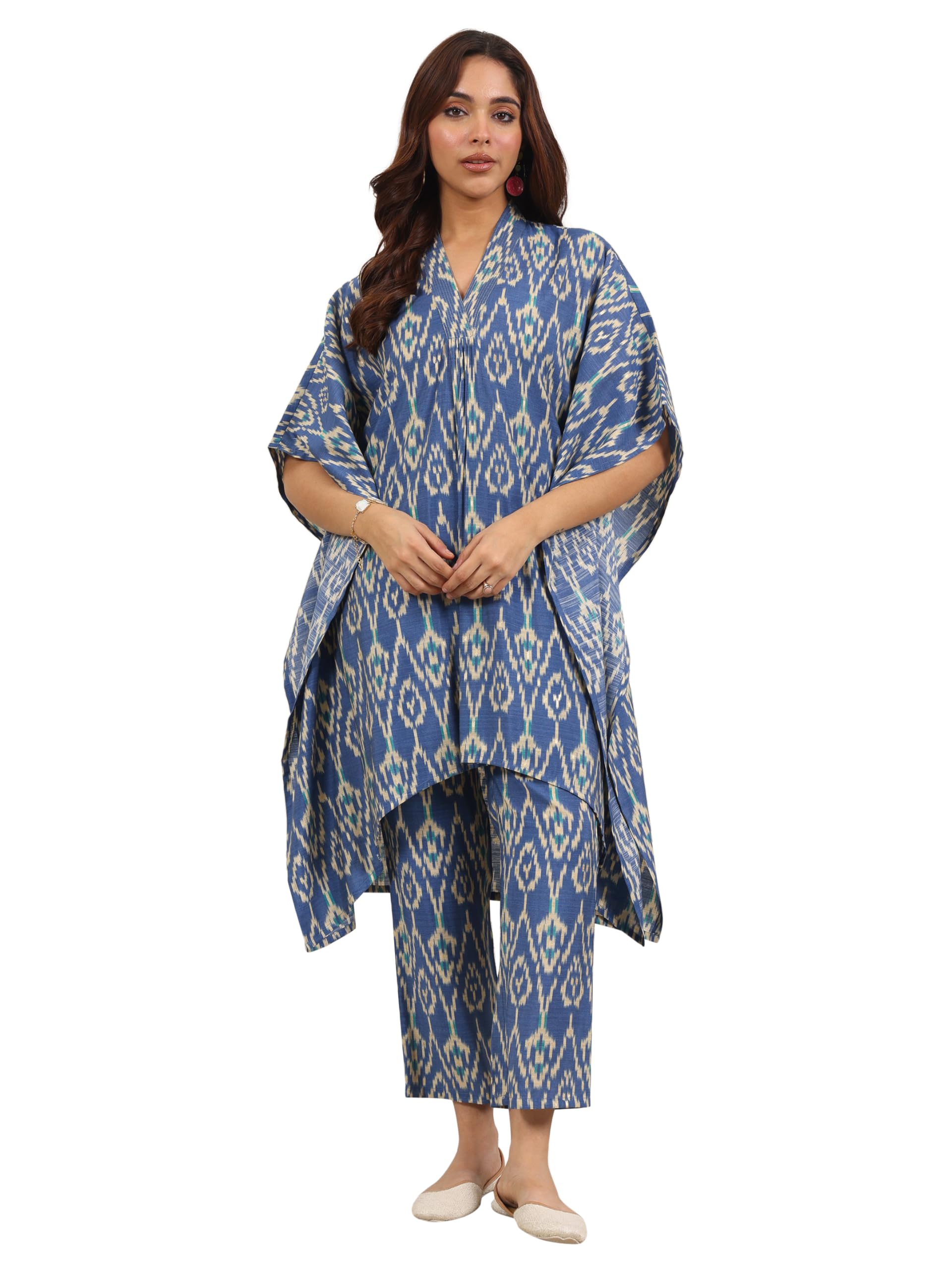 Libas WomenS Silk Blend Straight Waist Length Co-Ords (400416_Blue_Xl)