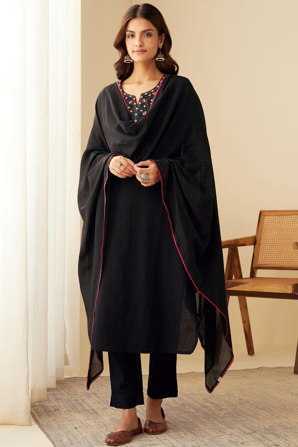 ANNI DESIGNER Womens Rayon Blend Embroidered Straight Kurta with Pant & Dupatta (SIKHA Black_L_Black_Large)