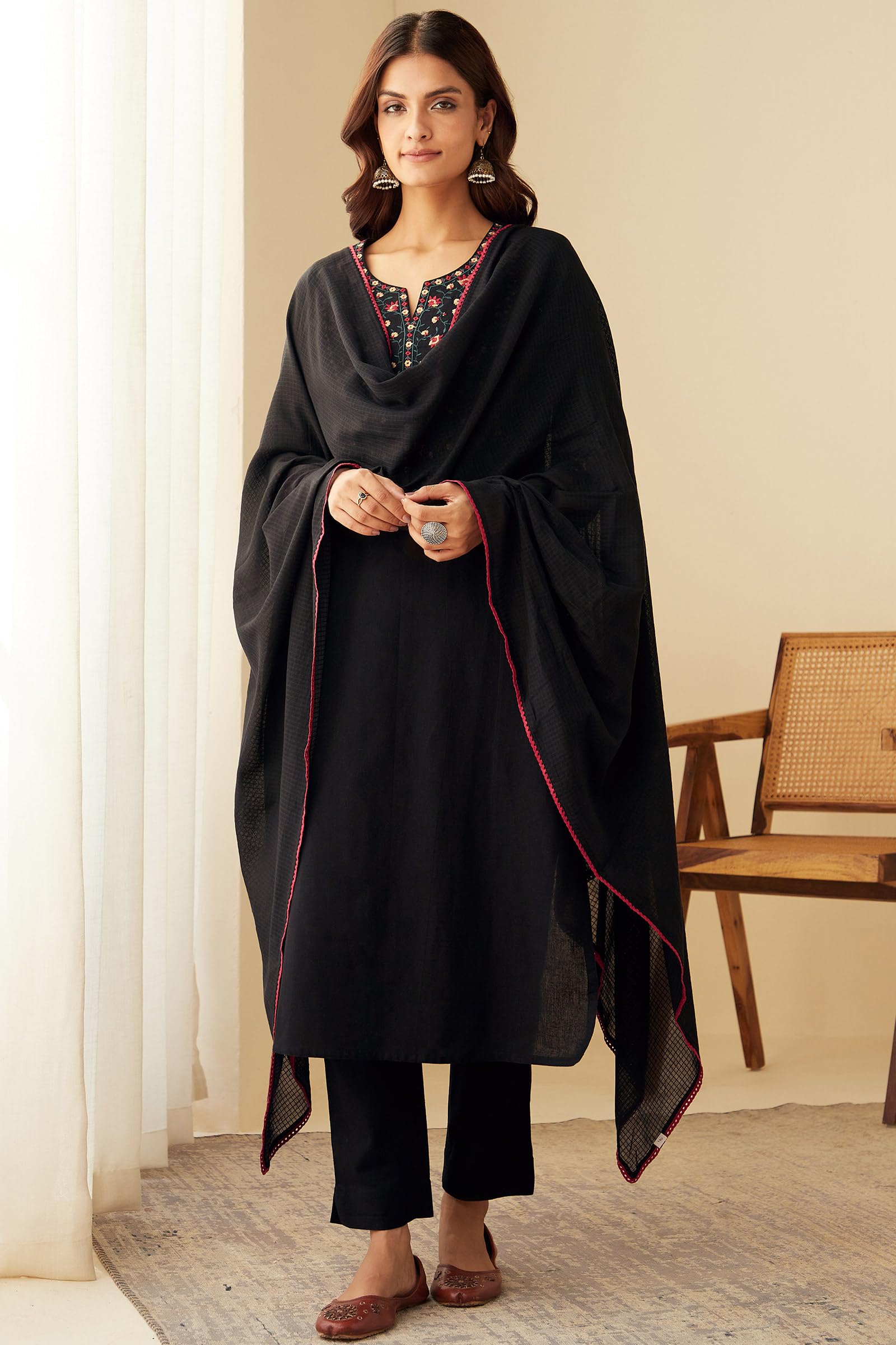 ANNI DESIGNER Womens Rayon Blend Embroidered Straight Kurta with Pant & Dupatta (SIKHA Black_L_Black_Large)