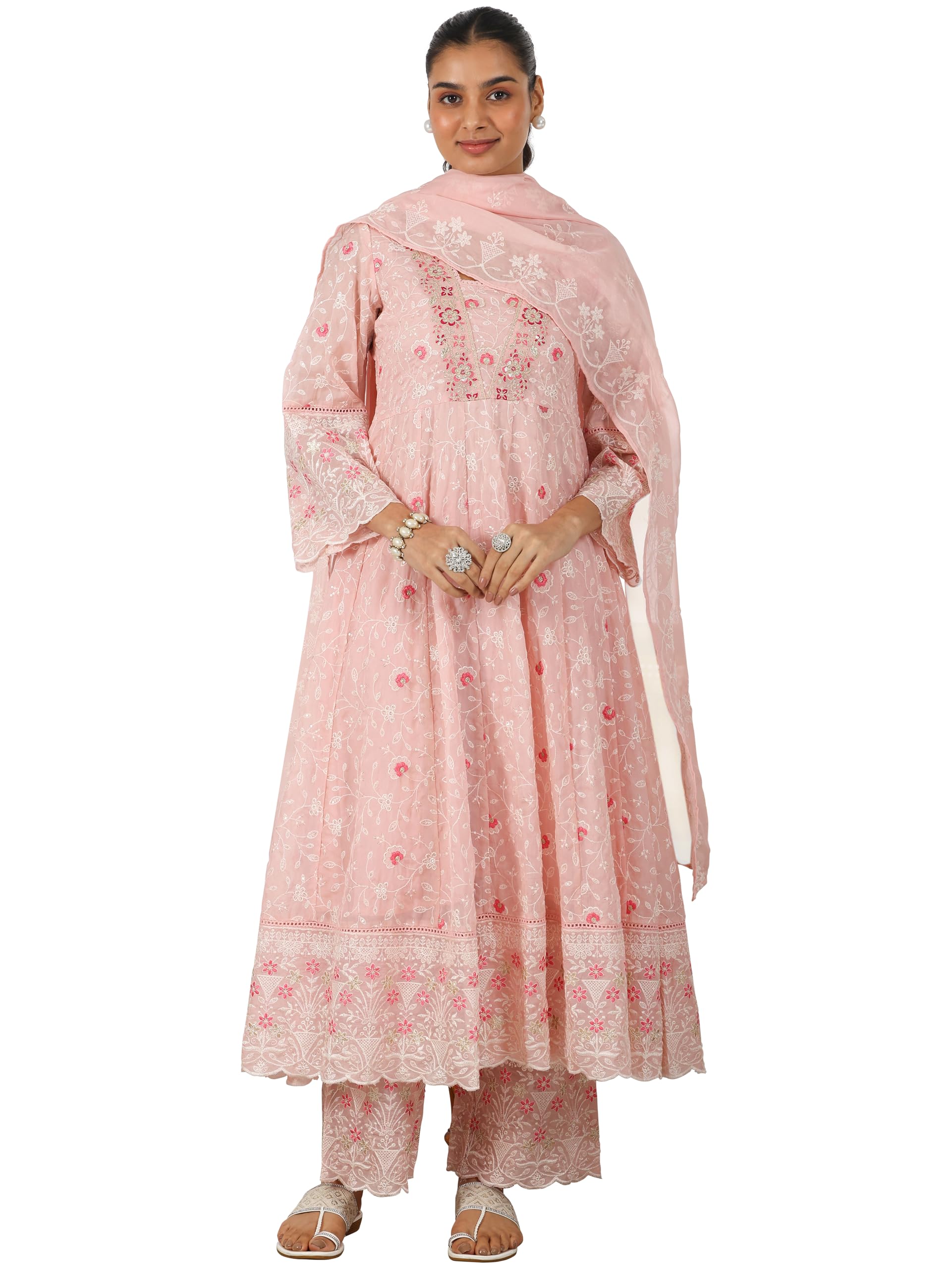 Libas Pink Organza Embroidered Kurta Sets For Women