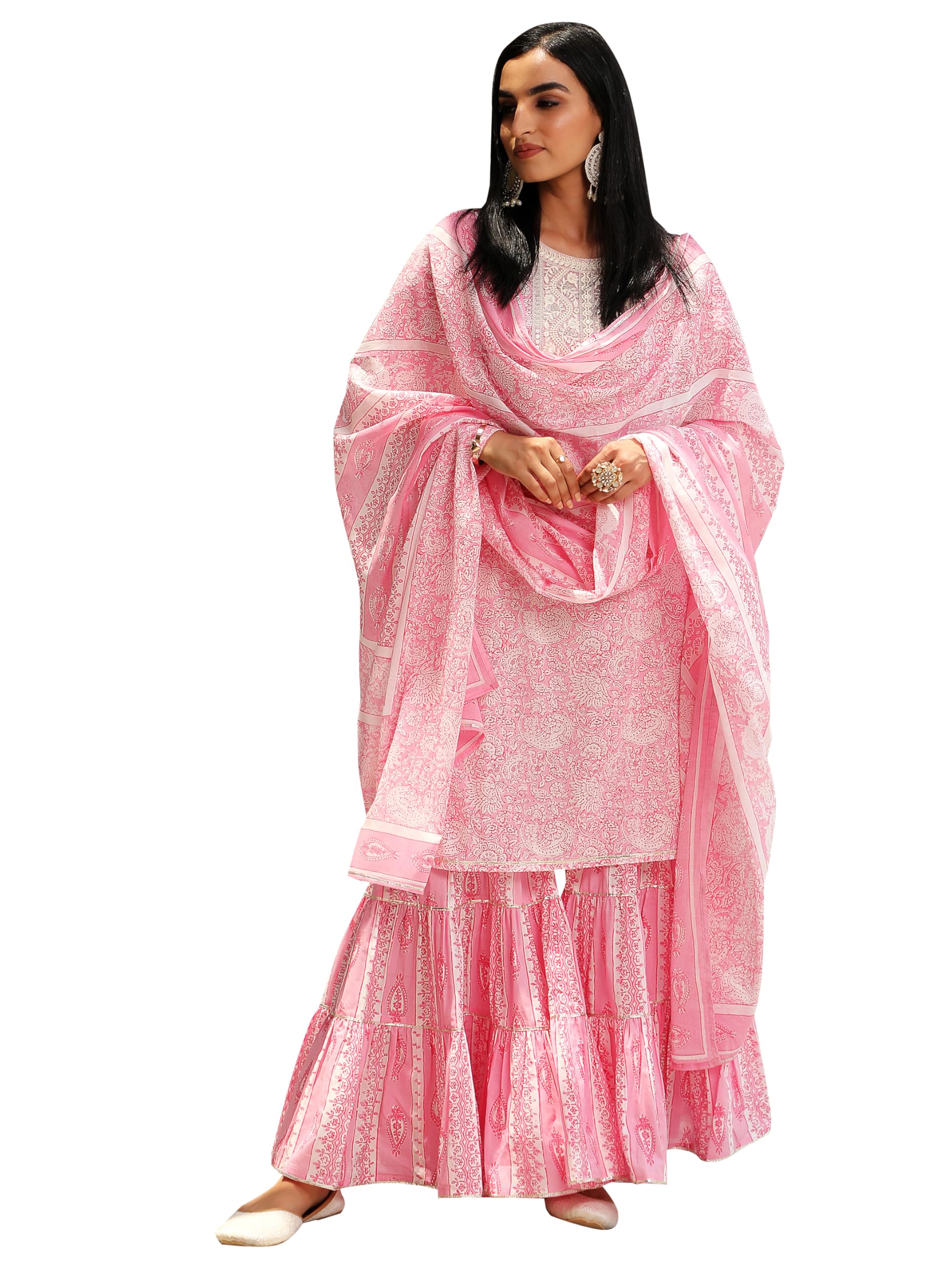 Libas Womens Yoke Design Cotton Straight Kurta With Sharara And Dupatta