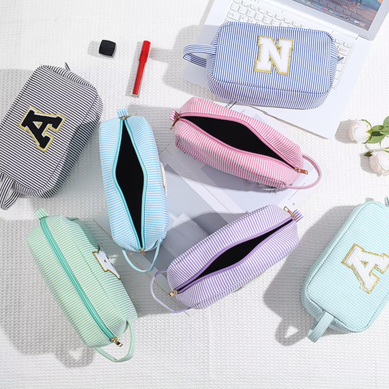 YOOLIFE Initial Makeup Bag - Personalized Monogram Cute Blue Makeup Bag Cosmetic Travel Toiletry Pouch Make Up Case for Women Mo