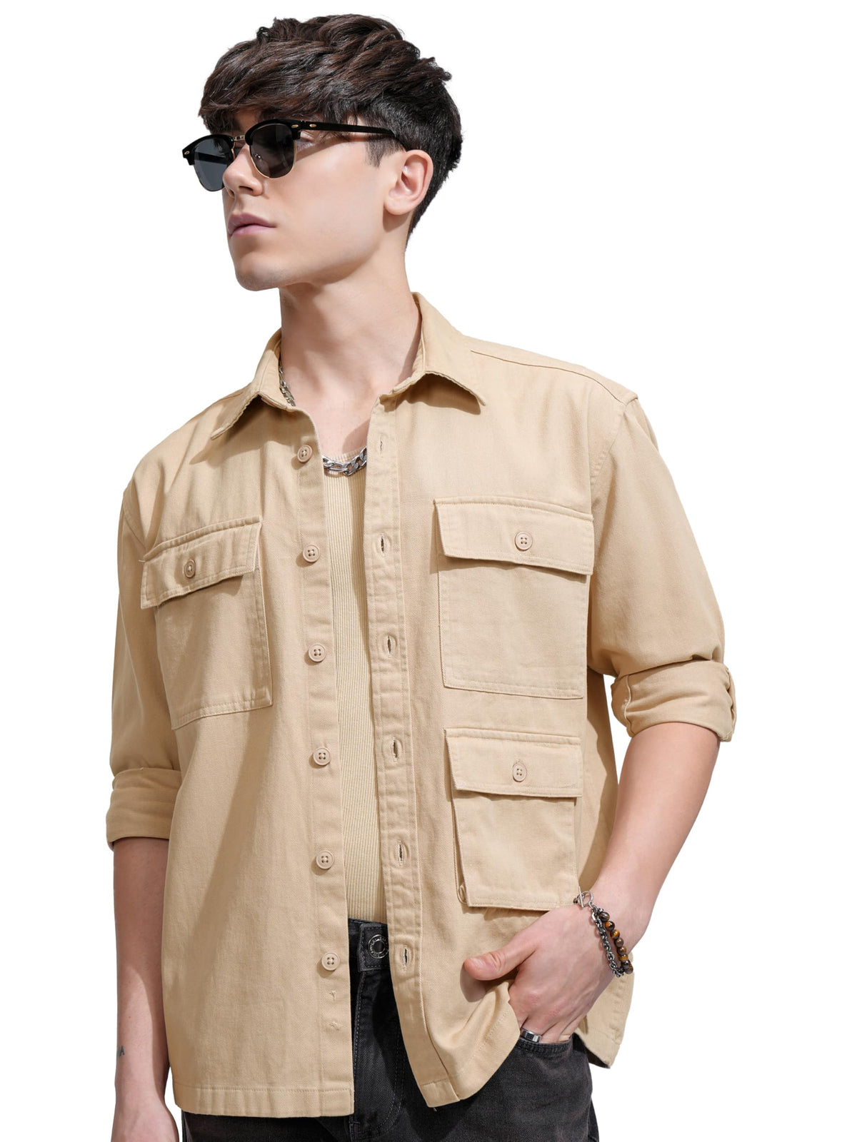 Ketch MenS Cotton Oversized Fit Shirt (Khos000041_Beige