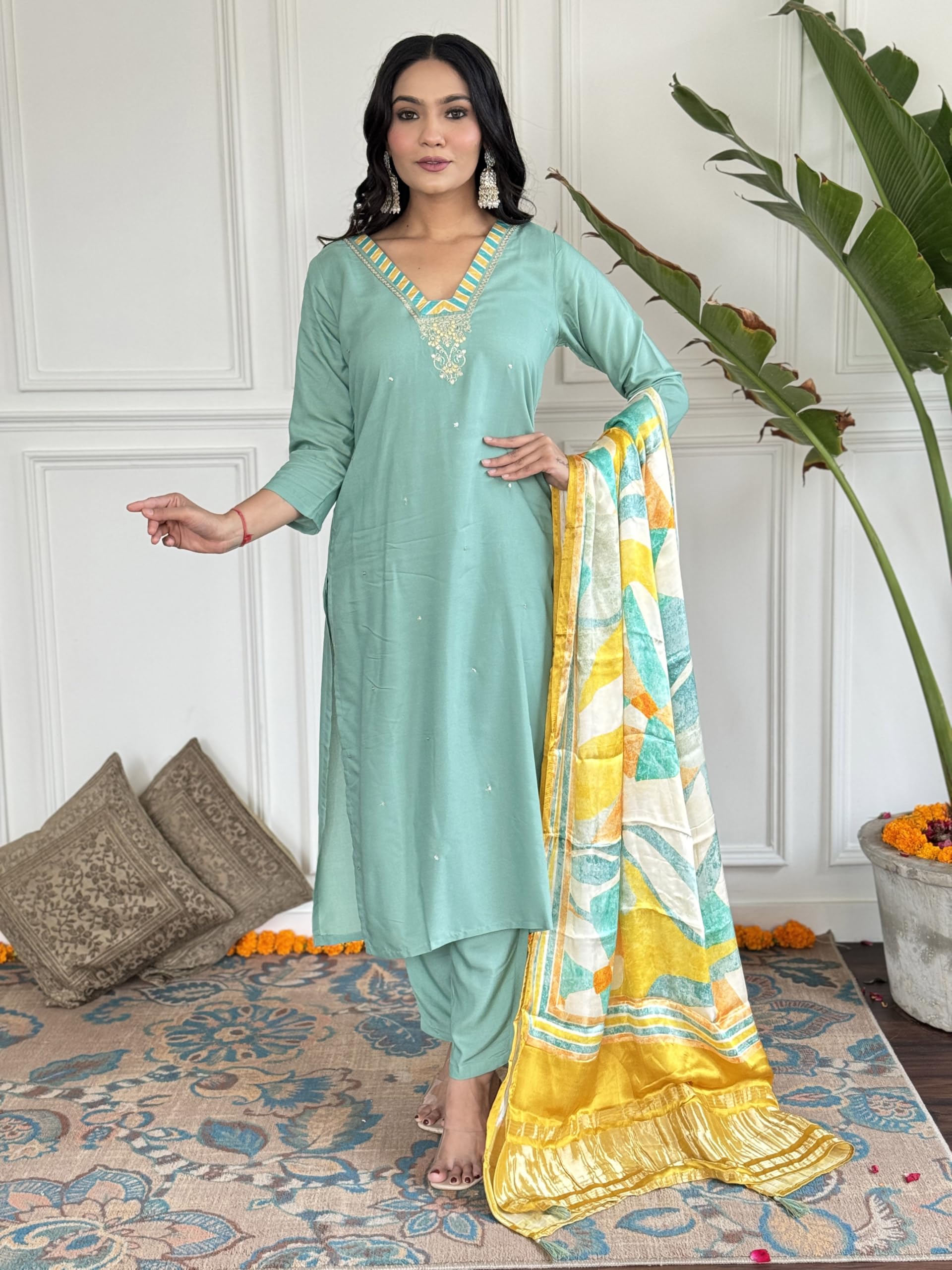 Naixa WomenS Firoji Viscose Embroidered Straight Kurta With Viscose Pant And Jaquard Silk Printed Dupatta Sets (Nx-461-Firoji-X