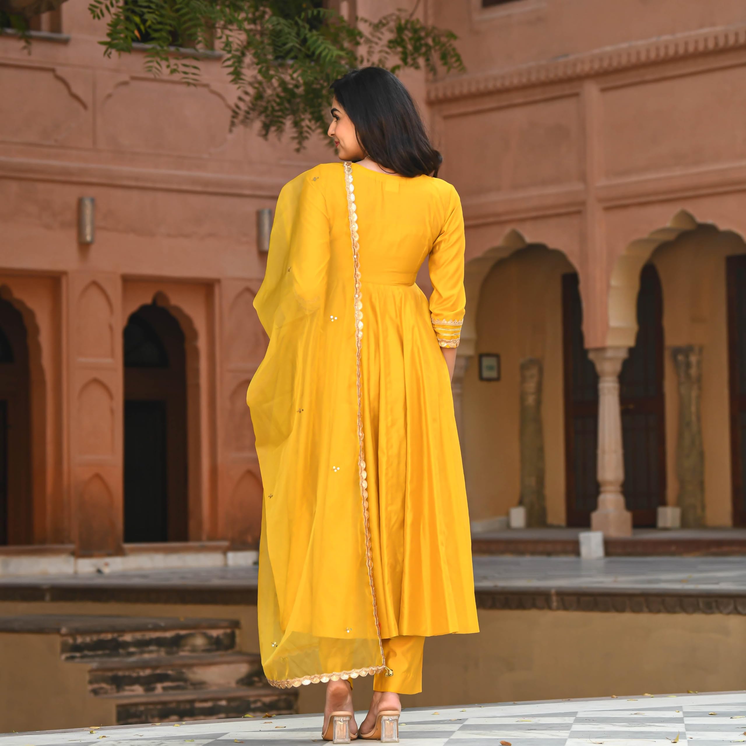 ANNI DESIGNER Womens Rayon Blend Anarkali Solid Kurta with Pant & Dupatta (SITAPATI Yellow_S_Yellow_Small)
