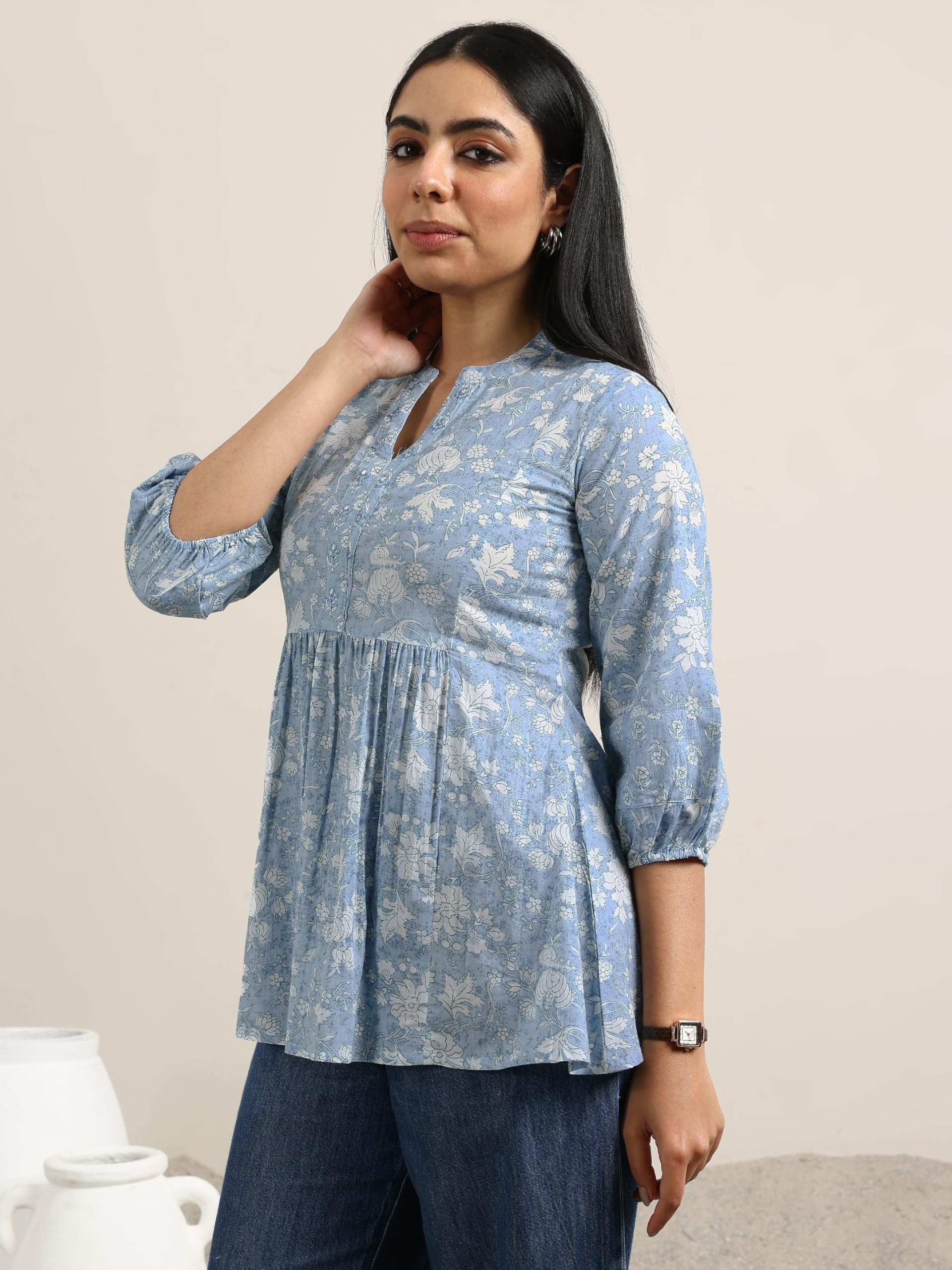 Libas WomenS Cotton Printed Regular Kurtis (98003Or Blue