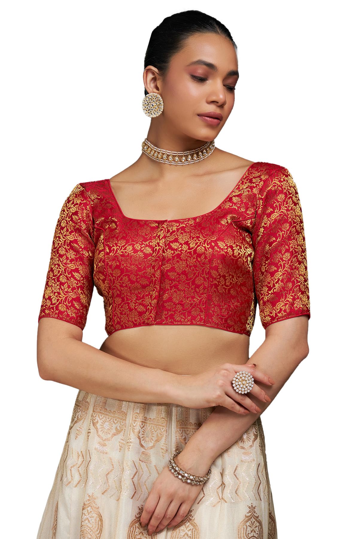 Soch Women Art Silk Blouse with Woven Floral Half Sleeve Designs