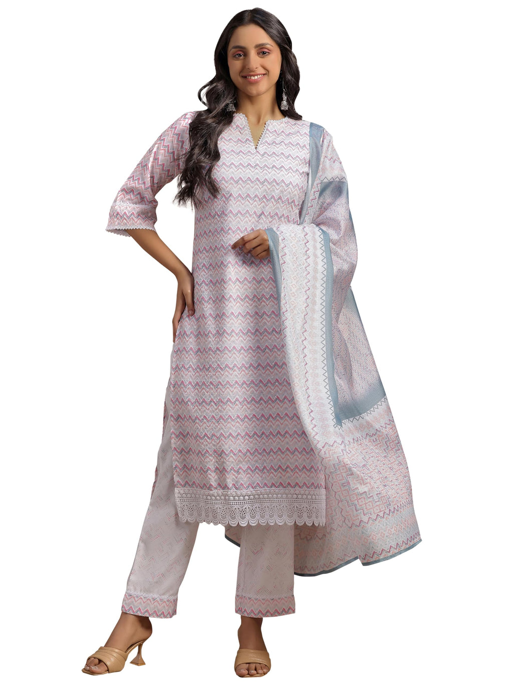 Libas Womens Embroidered Cotton Blend Straight Kurta With Palazzos And Dupatta