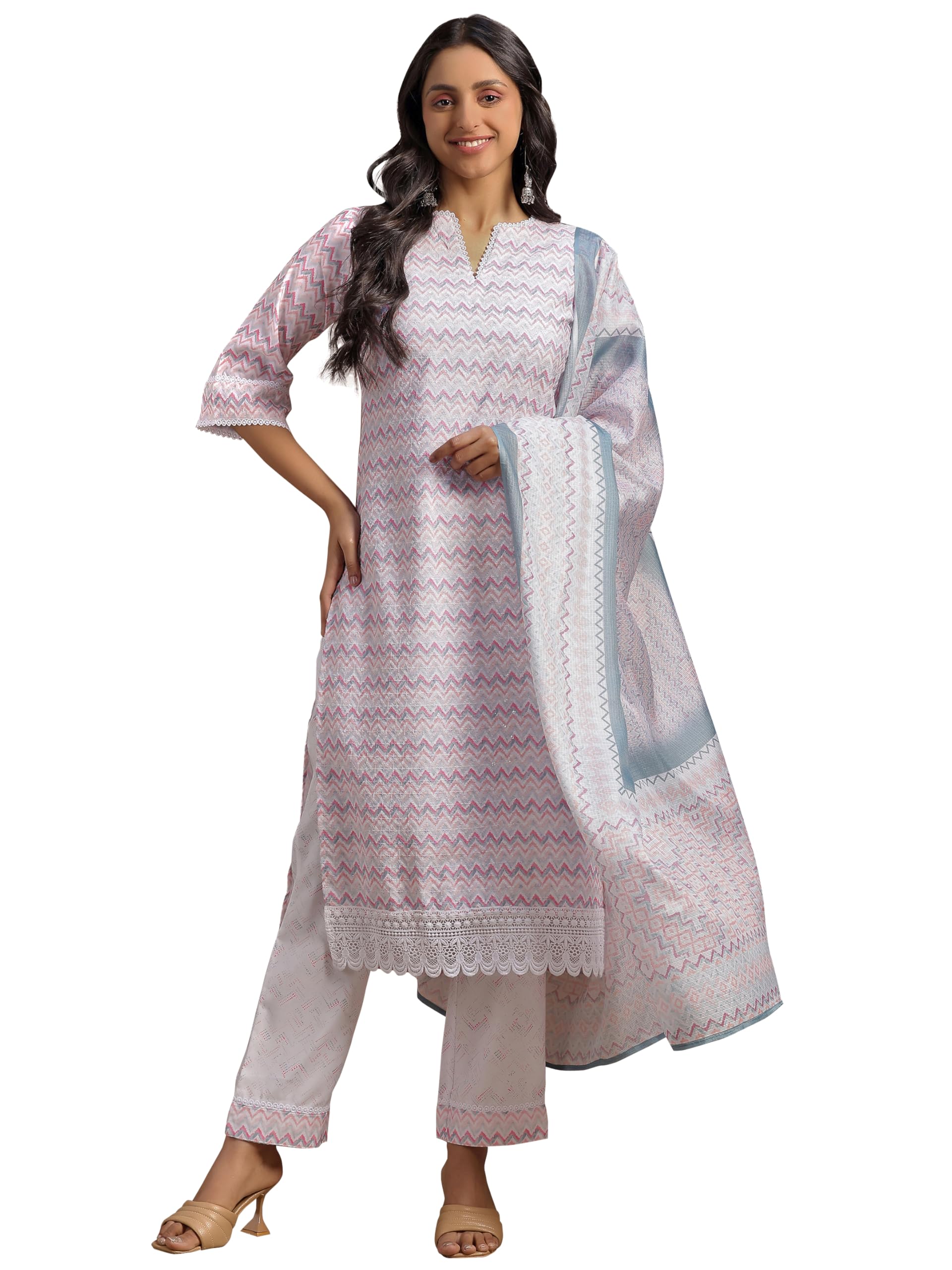 Libas Womens Embroidered Cotton Blend Straight Kurta With Palazzos And Dupatta