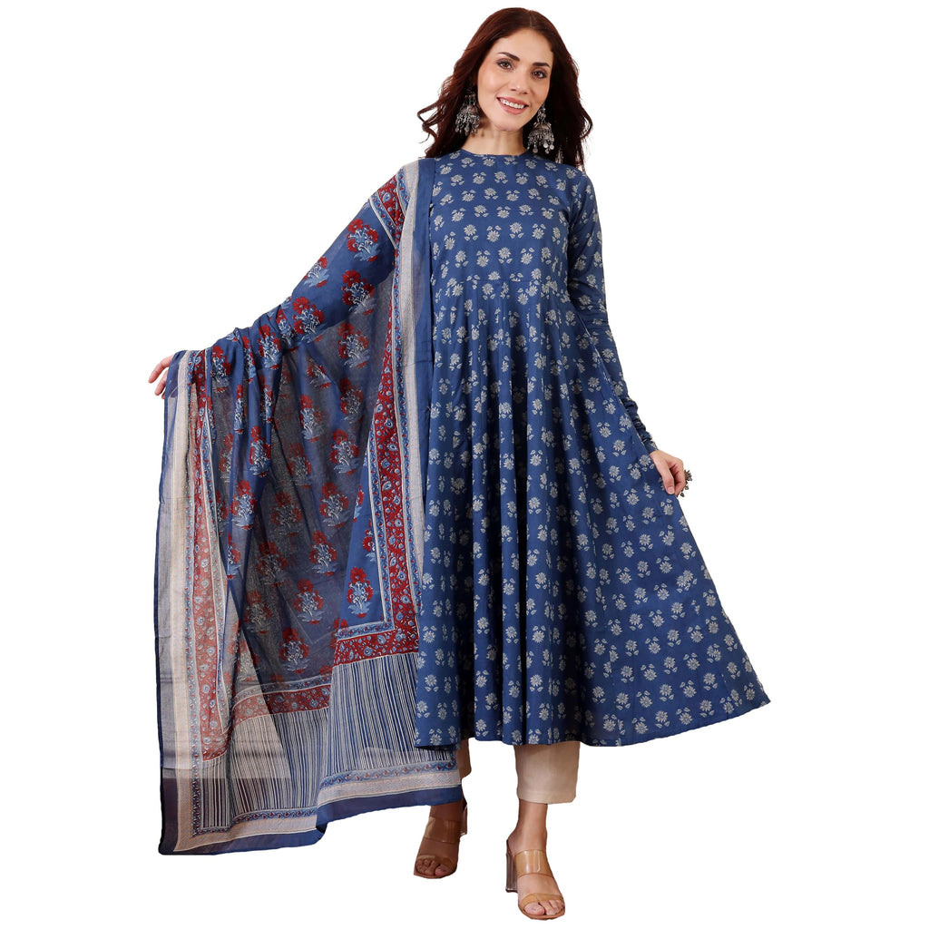 ANNI DESIGNER Womens Rayon Viscose Anarkali Printed Kurta with Pant & Dupatta (Menon Blue_L_Blue_Large)