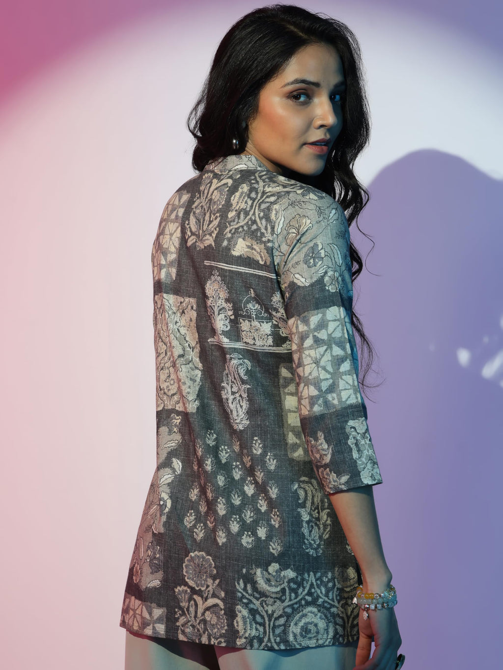 Libas WomenS Linen Floral Straight Kurti (58163_Grey