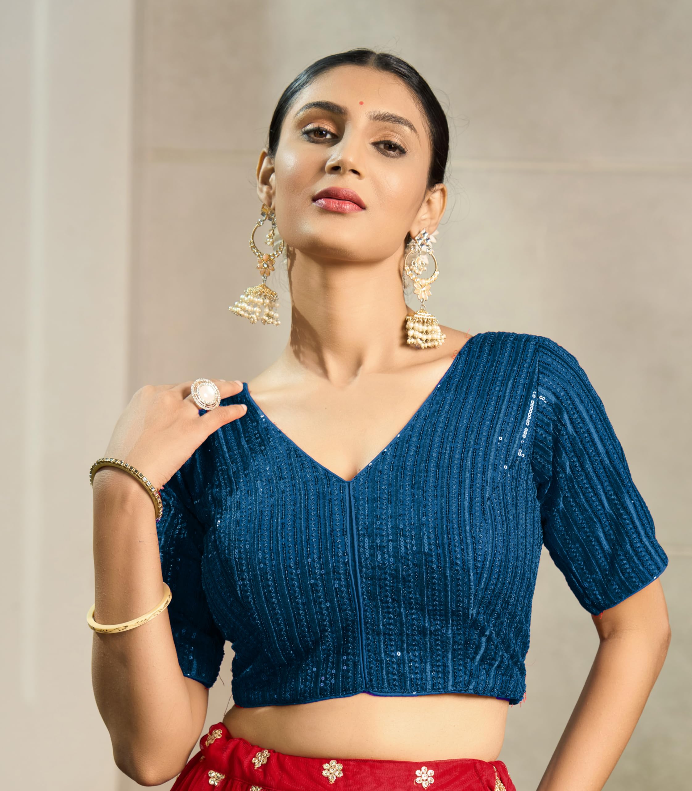 Pujia Mills WomenS Indian Ethnic Wear Designer Silver Sequence With Matching Embroidered Work V Neck Half Sleeve Readymade Padd