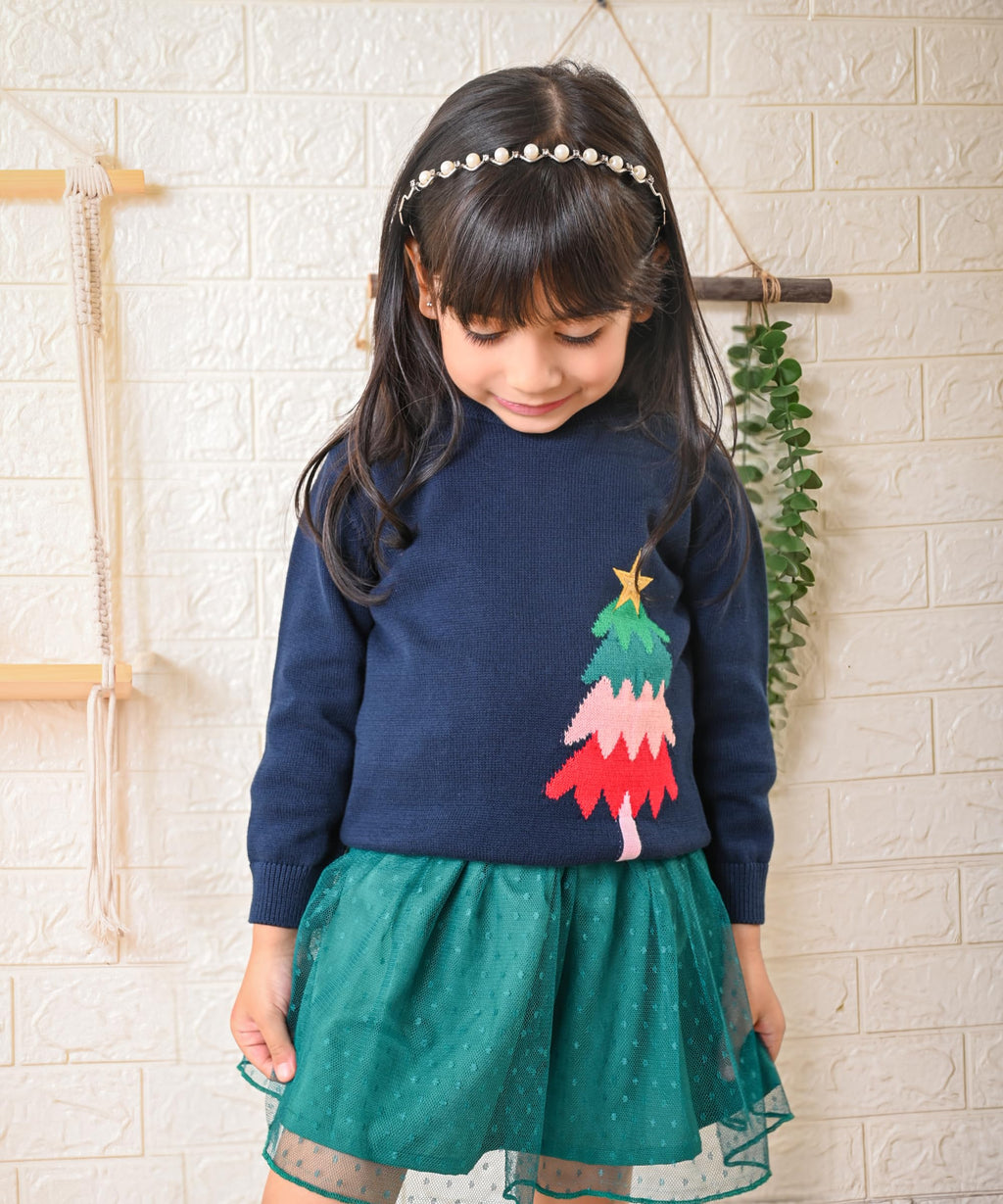 Beebay Kids Unisex Navy Blue X-Mas Tree Crew-Neck Sweater | Soft Cotton Fabric | Round Neck | Boys & Girls