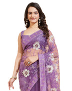 Vairagee WomenS Soft Net Flower Embroidered Border Work Saree And Unstitched Lilac Blouse Piece With Lace Work | Saree For Wedd