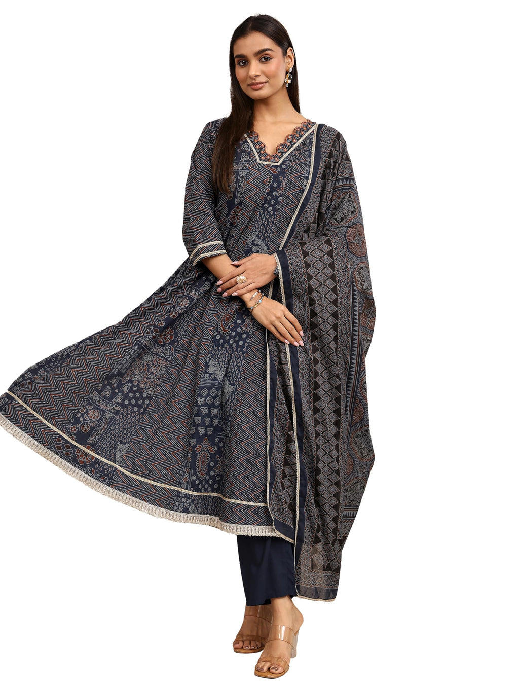 Libas Printed Cotton Anarkali Kurta With Trouser And Dupatta-401299Xxl