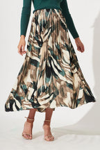 Kzully | Printed Pleated Long Skirt Versatile Elegance For Every Occasion Olive