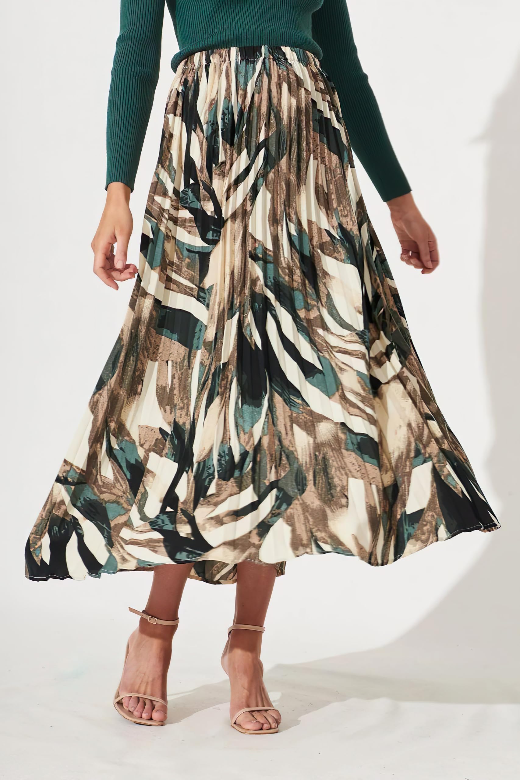 Kzully | Printed Pleated Long Skirt Versatile Elegance For Every Occasion Olive