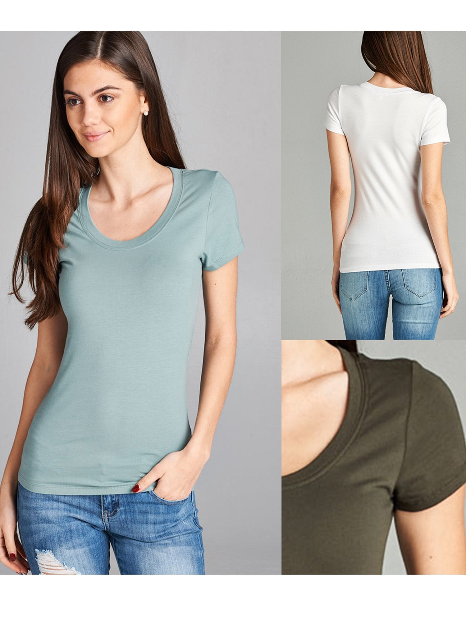Emmalise Women's Short Sleeve Tshirt Scoop Neck Tee Value Set (3Pk, Olive, Deep Jungle, HTH Gry, Small)