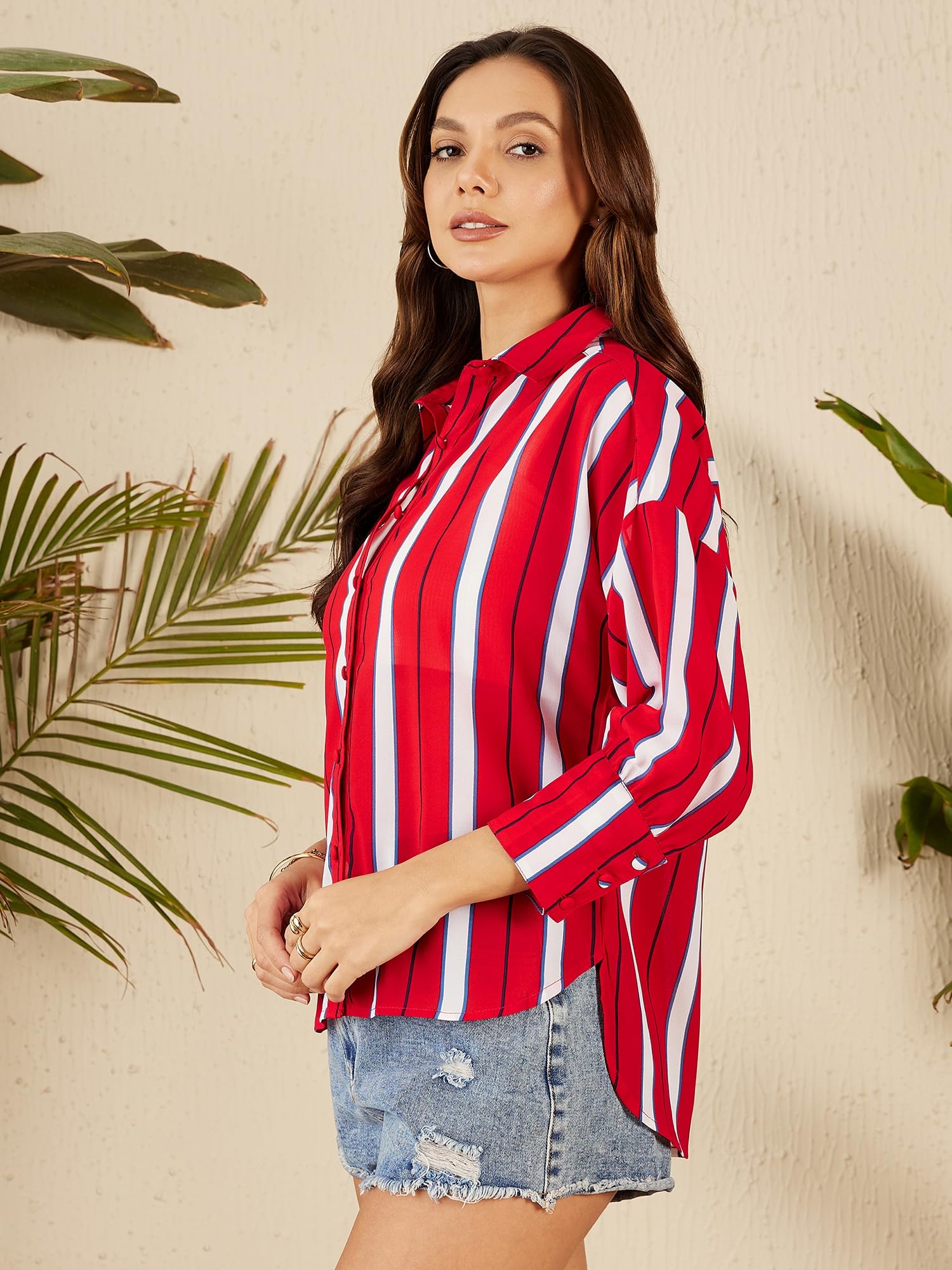 RARE Womens Striped Regular Fit Shirt (EP8111A_Red