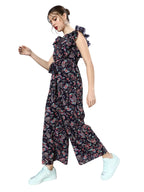 Miss Chase Womens Round Neck Sleeveless Floral Wide Leg Regular Jumpsuit (MCSS25D93-17-178-06, Multicolored Base Navy Blue, XL)