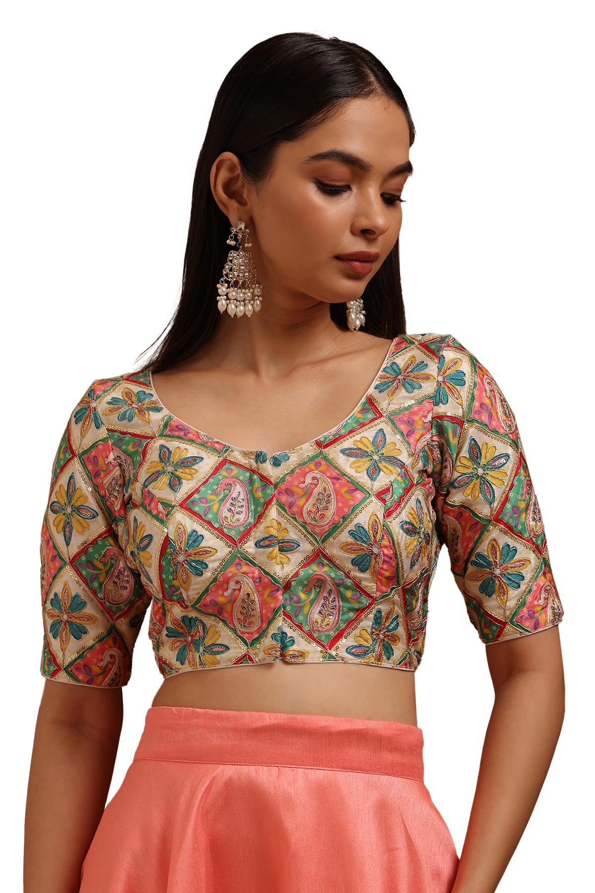Soch Women Satin Ethnic Motif Padded Blouse with Sequins